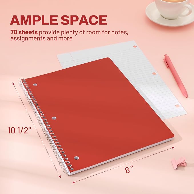 SUNEE Spiral Notebooks, 3 Pack, 1-Subject, College Ruled Paper, 8" x 10-1/2", 70 Sheets per Notebook, Assorted Colors Spiral Notebooks for School (Brick Red, Blue, Yellow)