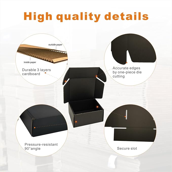 4x4x2'' Small Shipping Boxes 25 Pack, Black Corrugated Cardboard Mailers for Small Business (CM442B25)