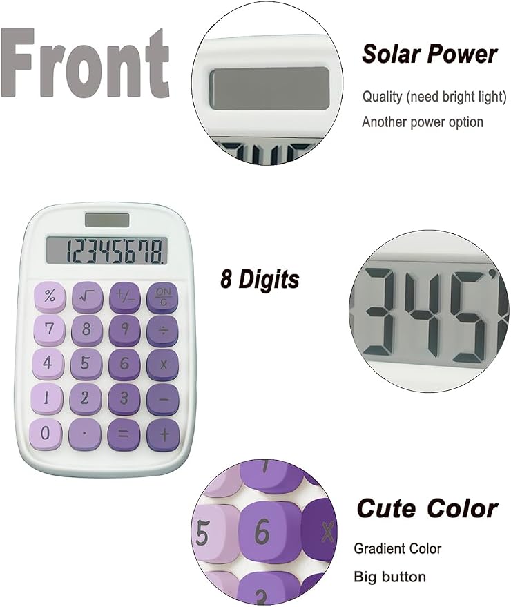 Big Button Calculator, Pastel Calculator (W-Purple,2 Pack) | Large LCD Display 8 Digit Tilt Screen and Big Button for Teachers Students Basic Office