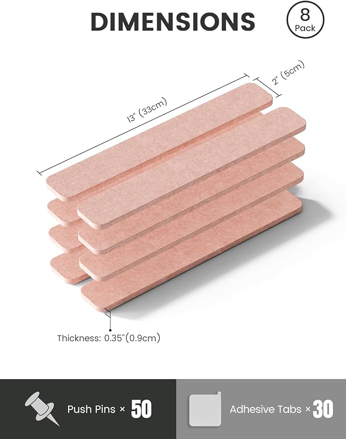 Fluxynara Cork Board Alternative Felt Strip Board 8-Pack 13"x2", Office Pin Board with 50 Push Pins, Adhesive Install for Bedroom Door & Home Office(Pink)