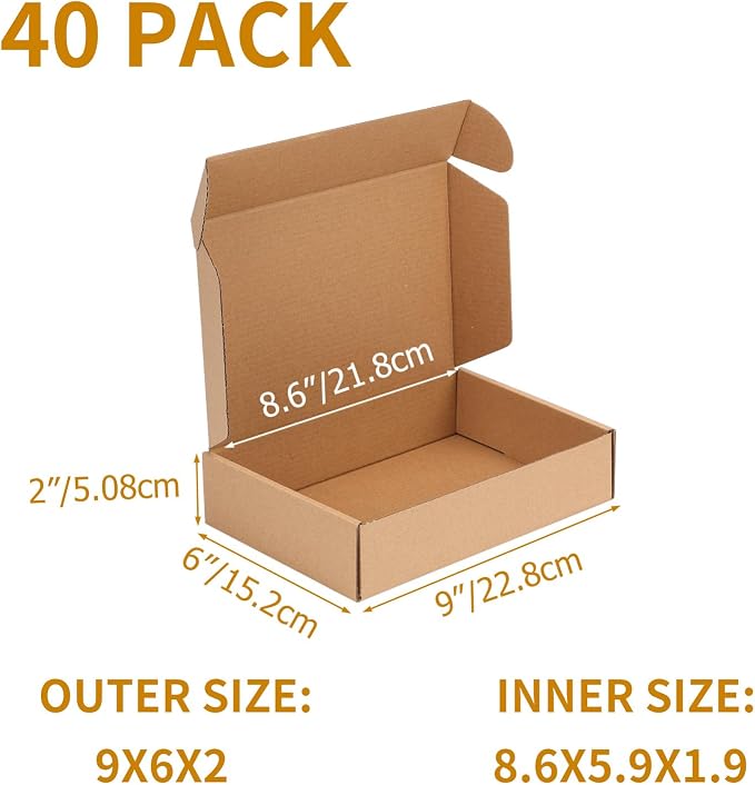PHAREGE 40 Pack 9x6x2 inch Small Shipping Boxes, Brown Mailing Boxes | Tuck Top, Quick Fold, Easy Assemble, Shape Well, Single Corrugated, DIY Cardboard, DVD, Phone, Book, Business Packaging