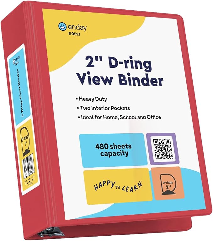 Enday 2 Inch 3 Ring Binder, Red Heavy Duty Three Ring Binder, 480 Sheets Capacity - 2 Inch Binder for Home School and Office.