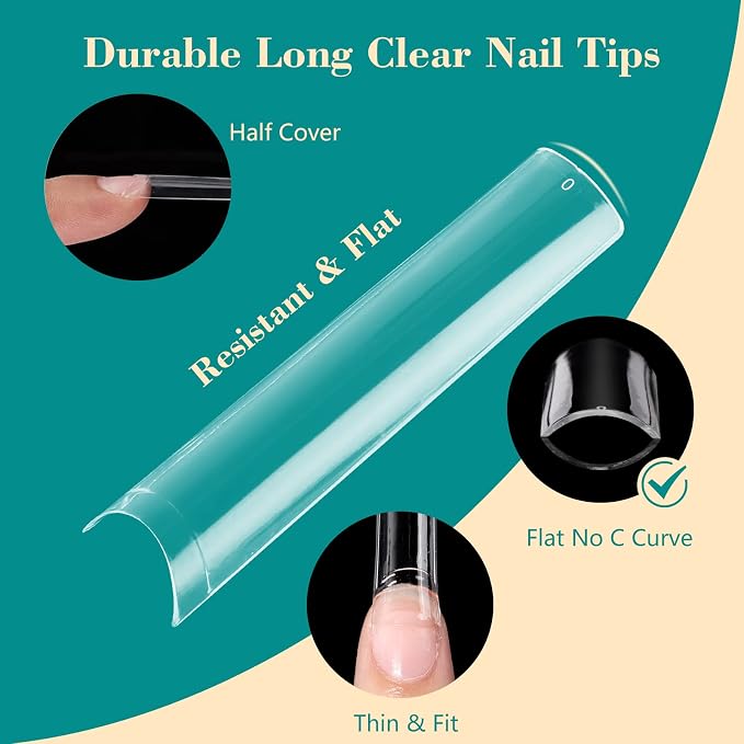 LIONVISON 3XL Square Nail Tips: No C Curve Flat Nails Tips for Home DIY | No C Curve Half Cover Extra Long False Nails Tip Fake Nail Extension for Beginners - 12 Sizes Fit Most Nail Beds