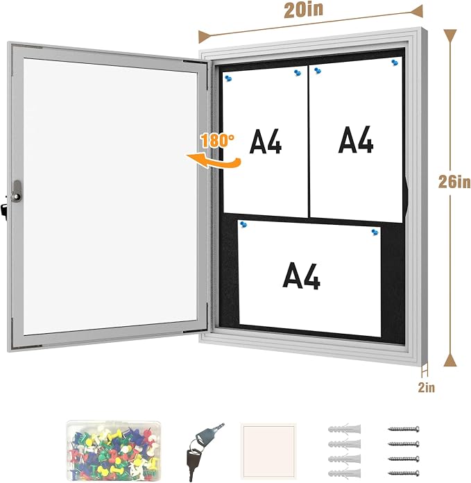 Mifuro 26"x20" Enclosed Bulletin Board, Outdoor Lockable Weather-Resistant Aluminum Cork Noticeboard for School & Office, Silver Frame w/Black Flet