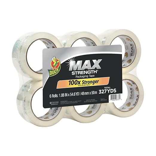 Duck Max Strength Clear Packing Tape Refills – 6 Rolls of Maximum Strength Heavy Duty Packaging Tape for Shipping & Moving Boxes - 3" Core - 1.88 Inch x 54.6 Yards - Clear (241513)