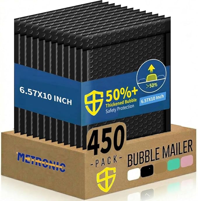 Metronic Bubble Mailers 6.57x10" 450 Pack Padded Envelopes with 1/7" Thickened Bubble Waterproof Mailing Envelopes Usable Size 6.57x9" Shipping Bag for Fragile Products, 6x9 Item,Small Business, Black