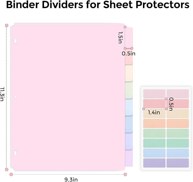 SKYDUE 8-Tab Large Dividers,Tabs Viewable Beyond Sheet Protectors | Durable Plastic Dividers for 3 Ring Binder, Write&Erase Dividers with Tabs,with Sticker Labels, Pink,1sets