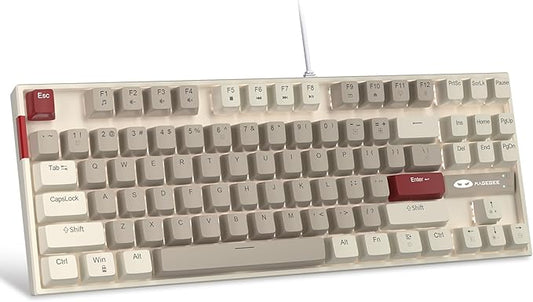 MageGee 75% Mechanical Gaming Keyboard, Brown Switch, LED White Backlit, 87 Keys Compact TKL Wired Computer Keyboards for Windows Laptop PC Gamer - Retro Grey/White