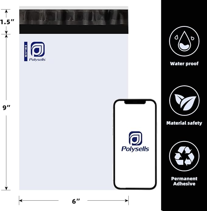 POLYSELLS 200 pcs 6x9 Inches White Poly Mailers Shipping Envelopes, Strong Adhesive Sealing, Waterproof, and Tear-resistant Postal Mailing Bags for Small Business, Clothes, Non-Fragile Items