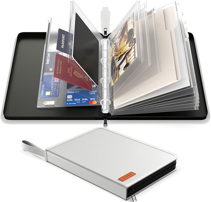 Important Document Organizer Zipper Binder, Fireproof Document Bag for Birth Certificate Protector, Waterproof Bill Organizer in Case I Go Missing Binder for Home Safe, 4 Ring Receipt Holder(Sliver)