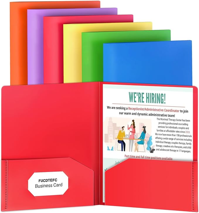 Plastic Folders with Pockets, 2 Pocket Folders Fit Letter Size Paper, Heavy Duty Paper File Folder with Business Card Holder for School Office Home Business (6 Pack, Assorted Colors) | Heavy Duty, Paper, File Folder, Business Card Holder, for School, O...