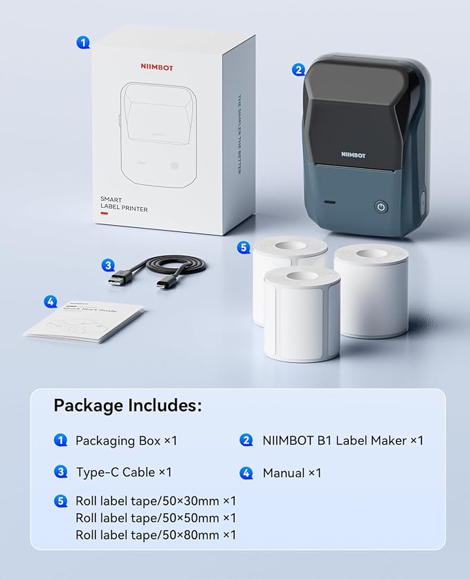 NIIMBOT B1 Label Maker with Tapes Set, 2 Inch Thermal Label Printer, Blue | Labeling for Home Office School Small Business, Crafts, Retail,Support Smartphones & PC,Come With 3 Rolls Tapes