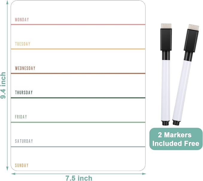 2 Pieces Magnetic Weekly Dry Erase Boards Erasable Weekly Calendars Whiteboard Planners with 2 Pieces Markers for Office, Home, School Supplies (Simple Style)