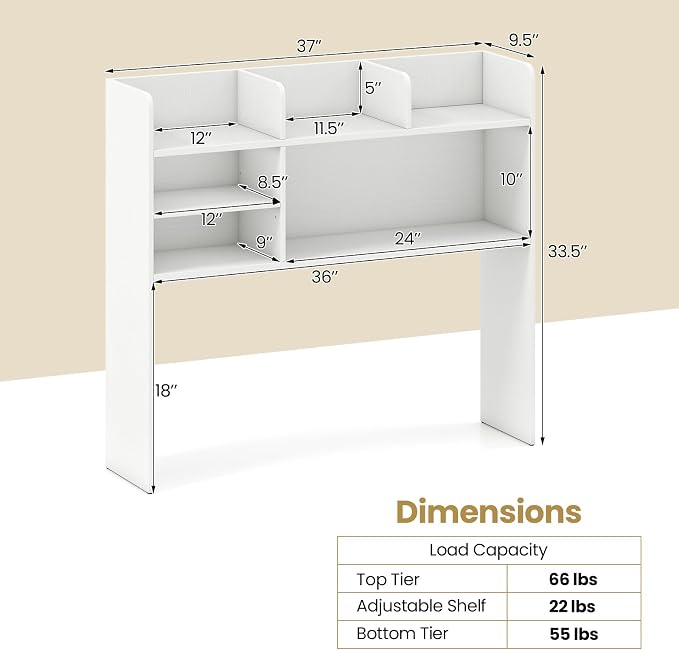 Tangkula Desktop Bookshelf for Computer Up to 32”, 37” Countertop Storage Hutch with 6 Storage Shelves, 3-Tier Desktop Organizer Display Rack, Wooden Desk Hutch for Dorm Home Office (White)