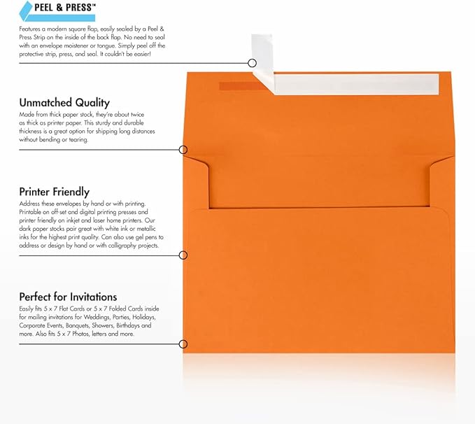LUXPaper A7 Invitation Envelopes | Peel & Press | 5 1/4" x 7 1/4" | Mandarin Orange | 80lb. Text | 1,000 Qty