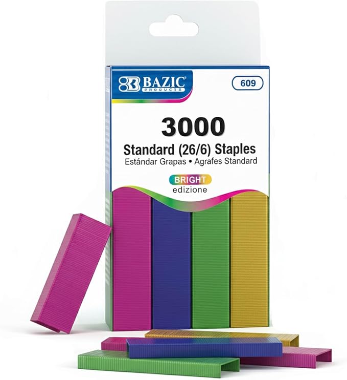 BAZIC Staples Standard (26/6) Metallic Color 3000/Pack, Stapler Refill Standard Size Staple, Assorted Colors, 1-Pack | refill standard staplers