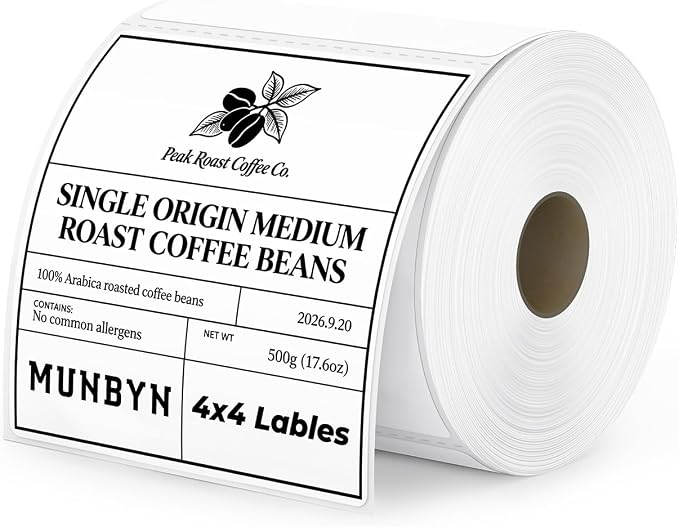 MUNBYN 4x4 Thermal Labels, 500 Sheets/Roll, White | Strong Adhesive & Perforated, Non BPA&BPS for Small Business, Shipping Postage Bakery