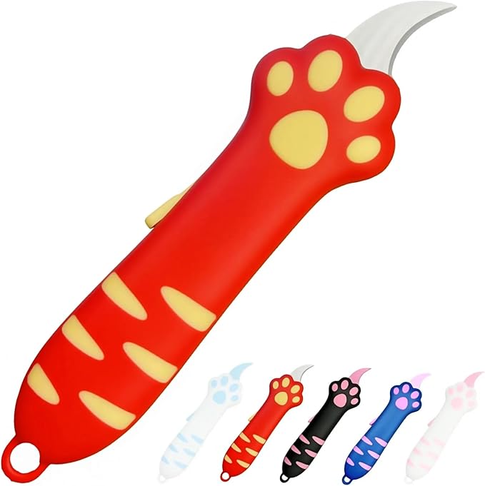 Cat Paw Box Cutter, 2026 New Retractable Cat Claw Knife Cute Cat Box Paper Cutter，Portable Cat Retractable Knife (Red)