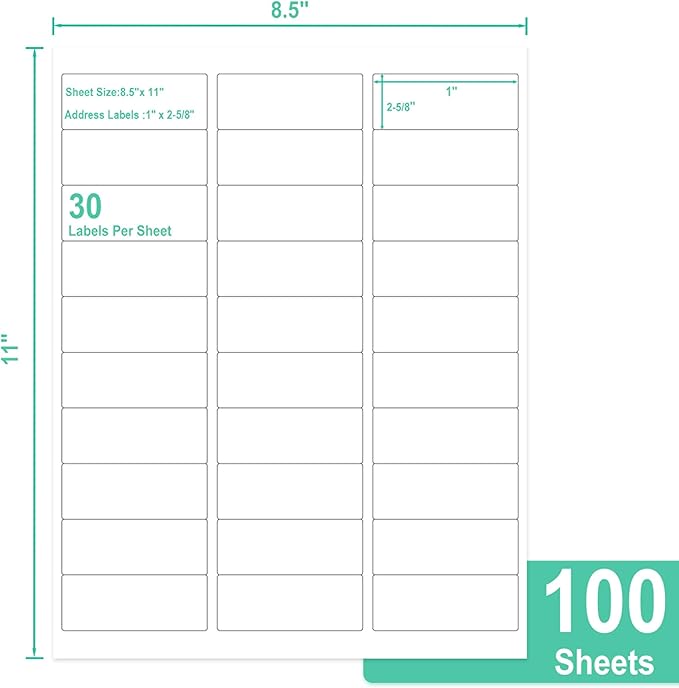 L LIKED Printable Address Labels, 1" x 2-5/8", 3,000 Stickers, 30 per Sheet, Mailing Labels for Envelopes (100 Sheets) (Pack of 2)