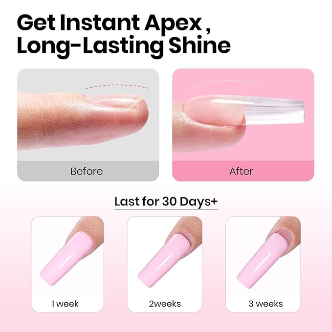 Beetles Tipex Instant Apex Nail Tips Kit with Dehydrator & Primer, Long Square, 224PCS 16 Sizes, Reinforced Apex for Strong Long-Lasting Wear, 20g Solid Nail Glue, Mini UV Lamp, Base & Top Coat