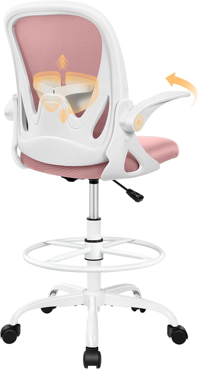 Drafting Chair Tall Office Chair with Flip-up Armrests Executive Ergonomic Computer Standing Desk Chair with Lumbar Support and Adjustable Footrest Ring (Rose Quartz)