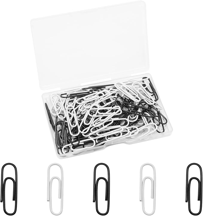 100 Pcs Black and White Paper Clips, 1.1 Inch (28mm) Colorful Paperclips | Vinyl Coated, Colored Paper Clips, Rust Proof, for Office, School, DIY, Bookmarks and Document Organization