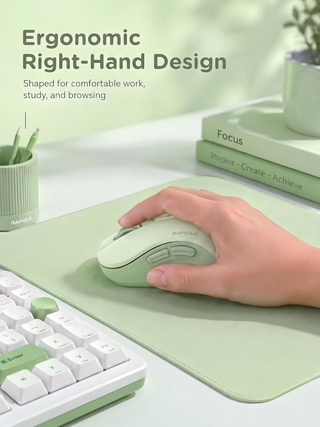 RAPIQUE Bluetooth Wireless Mouse, Dual Bluetooth & 2.4GHz, Sage Green | Right-Hand Ergonomic Grip, Quiet Clicks, Low Power, 3-device Switching, 6-button USB receiver for MacBook, Laptop, Computer