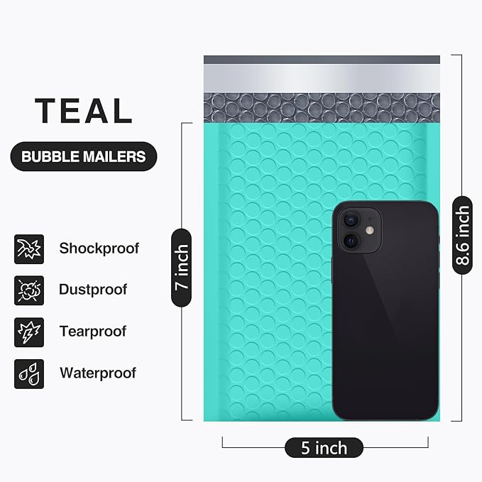 UCGOU Bubble Mailers 5x8.6 Inch Usable Size 5x7 Inch Teal 100 Pack Padded Envelopes Small Business Mailing Packages Self Seal Adhesive Waterproof Boutique Shipping Bags for Jewelry Makeup Supplies