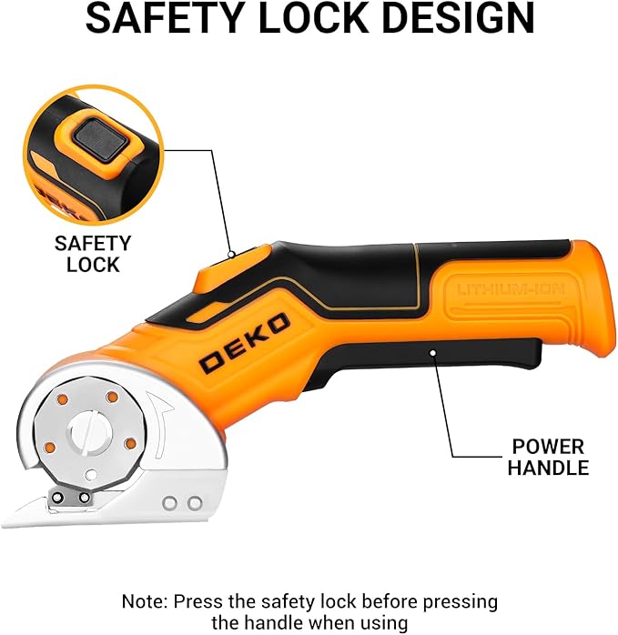 Cordless Electric Scissors Cardboard Cutter: DEKOPRO 4V 2000mAh Electric Box Cutter, Rechargeable Power Rotary Cutting Tool with Safety Lock, 389g Carpet Scissors with 2 Blade, Type-c(Yellow)