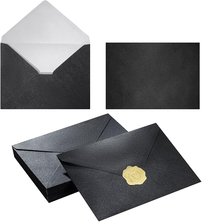 50 Pieces Shiny Envelopes with Gold Stickers, Black, 5x7 | Gold Stickers Included, For Wedding Invitations, For Graduation, For Baby Shower, For Greeting Cards