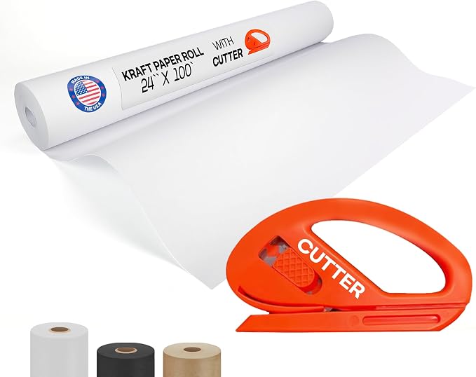 White Kraft Paper Roll 24" x 1200" (100 feet) with Cutter- USA-Made | Wrapping Paper for Packing, Moving, Shipping & Crafts/Arts - 100% Recyclable Natural Craft Material by IDL Packaging