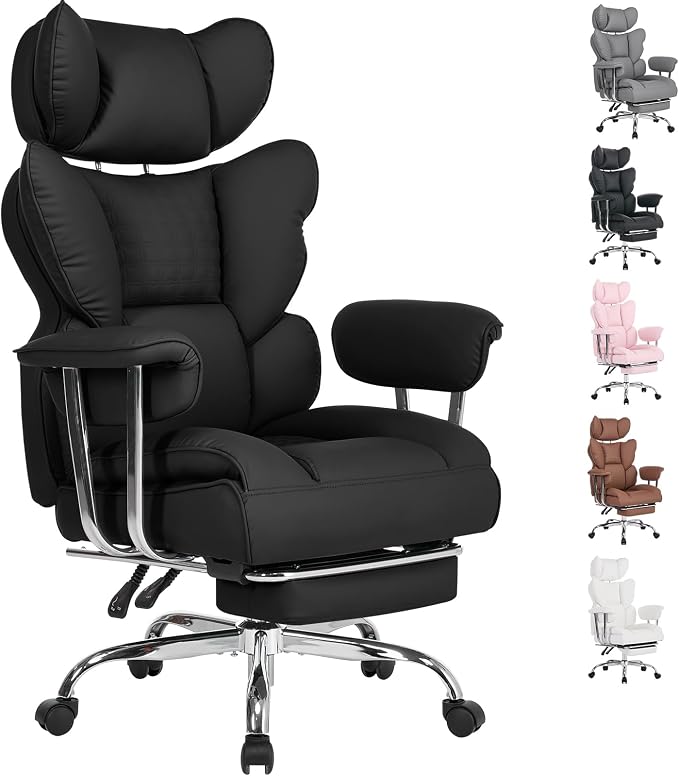 DUMOS Big and Tall Home Office Desk Chair, Executive Chair with Footrest | Ergonomic Reclining, Scratch-Resistant PU Leather, Pocket Spring Support, 400 LBS Weight Capacity, Black