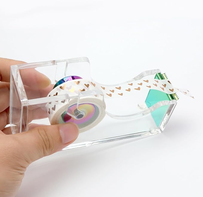 NatSumeBasics Rainbow Tape Dispenser Desk Clear Acrylic Tape Dispenser Holder for Office School Home Stationery Supplies (Clear & Rainbow Tone)