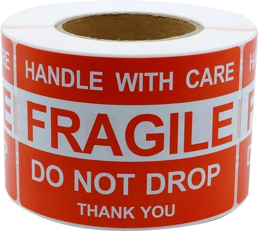 RBHK 4" x 6" Fragile Stickers Handle with Care Warning Packing/Shipping Labels, 500 Permanent Adhesive Labels Per Roll, 1 Roll