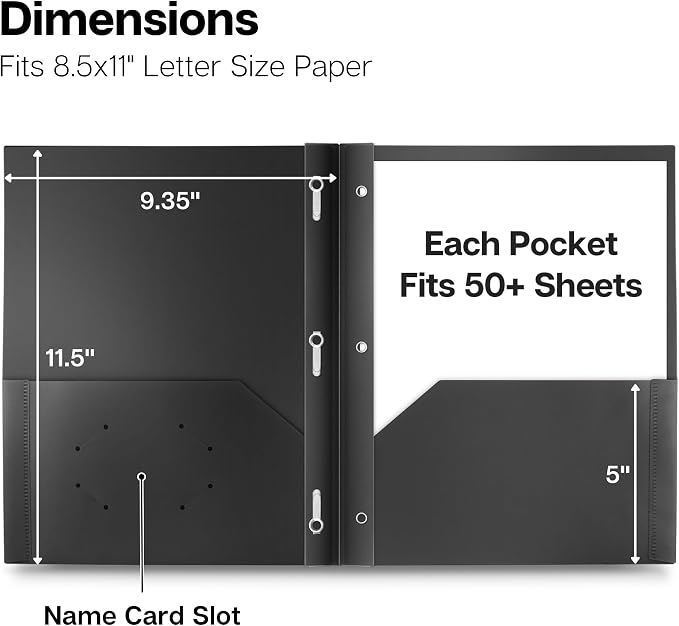 Dunwell Plastic 2-Pocket Folders with 3 Prongs, Black, 2 Pack, Poly | Durable Acid-Free Poly with Fasteners, Long-Term School & Office Use, Includes Labels