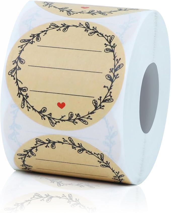 500pcs Label Stickers for Jars and Lids, Floral Heart & Lace Design with 3 Lines for Writing, Kraft Sticker Labels Pantry Labels, Mason Jar Labels Canning Labels Gift Tags(2" Round)