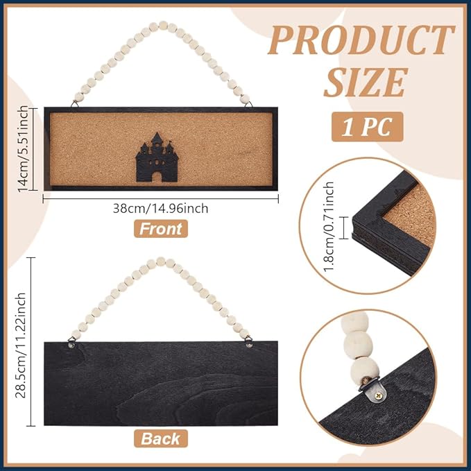 BENECREAT Rectangle Castle Pin Board Cork Board, 5.5x15inch Bulletin Display Board Wall Mounted Cork Board with Black Frame and White Beads for Brooch Pin Storage Display