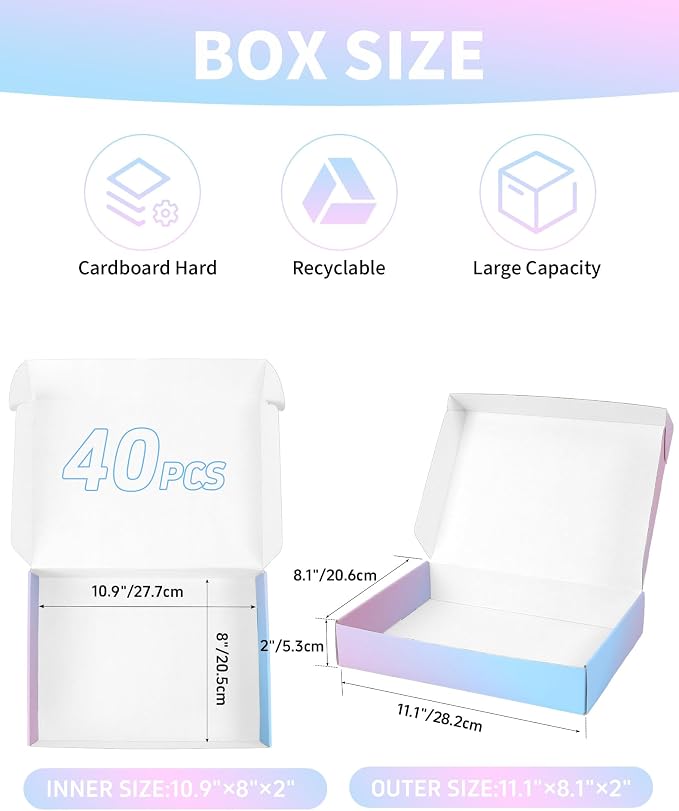 11x8x2 Inch Shipping Boxes 40 Pack, Purple Gradient Mailer Packaging Box, Corrugated Cardboard Boxes for Gift Small Business Literature