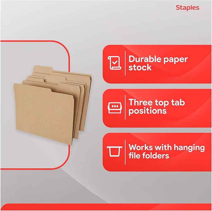 Staples Colored File Folders, Letter Size, 3-Tab, Kraft, 100/Pack | Durable paper stock for everyday office document organization and filing.