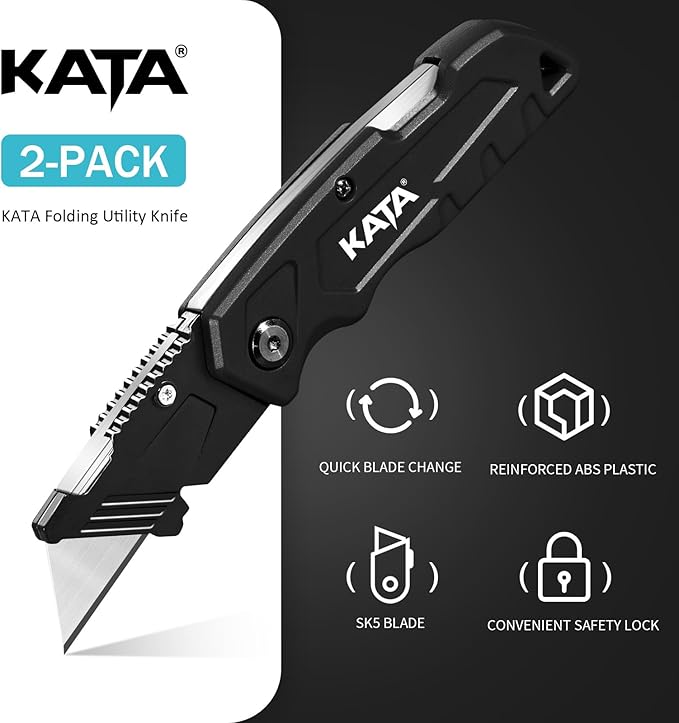 KATA 2-PACK Folding Utility Knife, Heavy Duty Box Cutter with 10pcs SK5 Quick Change Blades, Safety Lock Back Design, Used for Cutting Cartons, Cardboards and Boxes, Black and Red