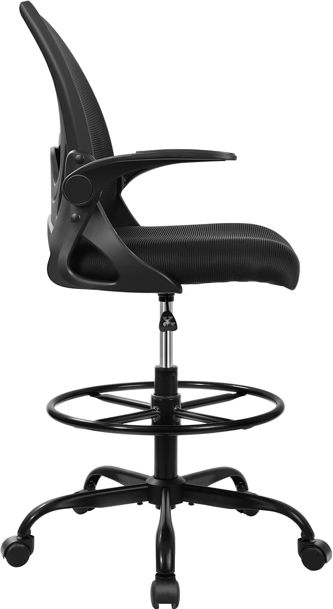 Drafting Chair Tall Office Chair with Flip-up Armrests Executive Ergonomic Computer Standing Desk Chair with Lumbar Support and Adjustable Footrest Ring (Black) (Pack of 2)