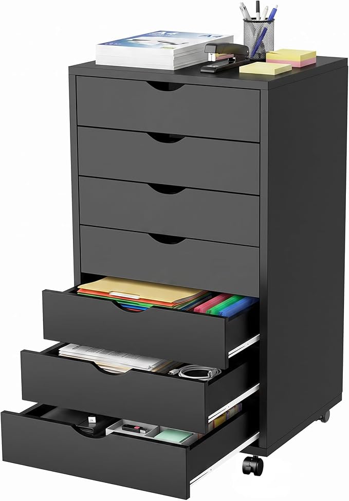7 Drawer Office Storage Cabinet, Rolling File Cabinet for Office, Black | Office Storage Cabinet with 7 Drawers, Rolling File Cabinet with Wheels for Home Office, Desk Storage and Printer Stand