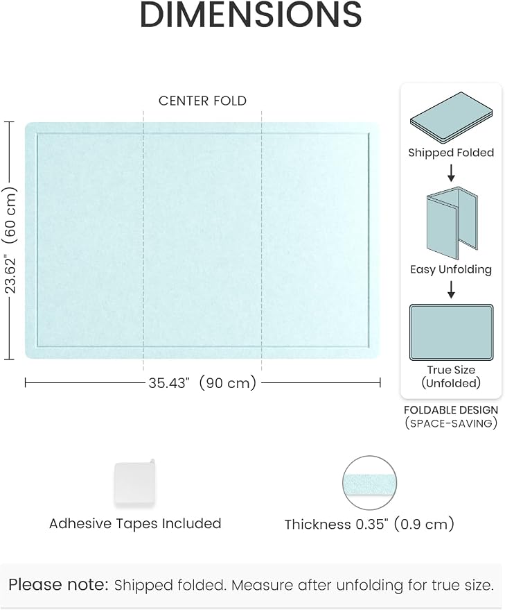 Fluxynara 35.4" x 23.6" Bulletin Board, Aqua Blue | Cork Board Alternative with 12 Removable Adhesive Tabs, Foldable Felt Pin Board for Home, Office, Classroom & Dorm