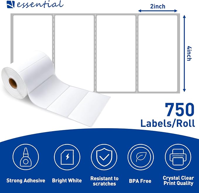 ESSENTIAL 4" x 2" White Direct Thermal Labels for Barcodes, Address | Permanent Adhesive, Shipping Labels, Compatible with Zebra, Rollo and Other Desktop Printers, 750 Labels of Roll, 12 Rolls