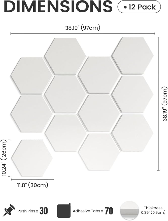 Fluxynara 12-Pack Hexagon Felt Bulletin Board Tiles, Milky White | Cork Board Alternative with 60 Adhesive Tabs for Notes, Photos and Reminders in Home Offices, Dorm and Classrooms
