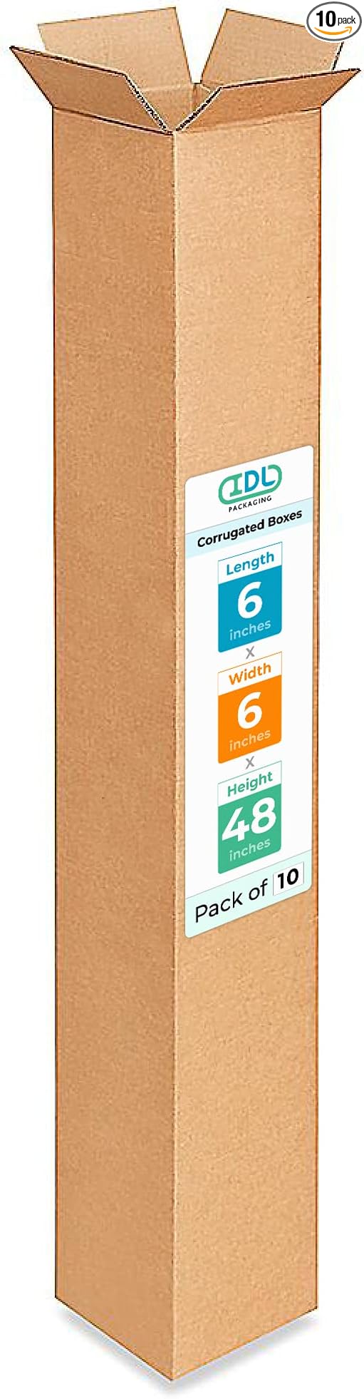 Tall Moving & Shipping Boxes 6x6x48 inches (10-Pack) - Extra Strength 200 lb vs Regular - USA-Made Corrugated Durable Packing Boxes - Cardboard Box Moving Stuff - Eco Shipping Box by IDL Packaging