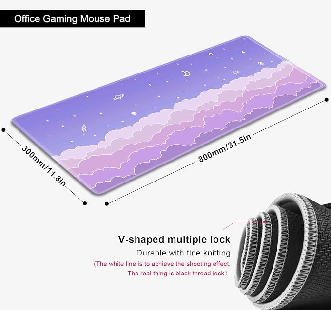 Cute Pastel Purple Desk Mat, Minimalist Large Gaming Mouse Pad Mousepad for Laplop, Kawaii Anime Desk Pad, Gradient Clouds Computer Pads, Aesthetic Stars Moon Deskpad, 31.5 X 11.8 Inch