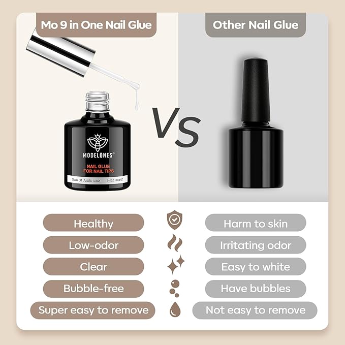 Modelones 9 in One Nail Glue Polish Set Brush On Gel Nail Glue 15ml for Rhinestone, Base Gel, Blooming Nail Art Gel Nail Kit Strengthener Treatment for Weak and Damaged Acrylic Nails U V Lamp Needed