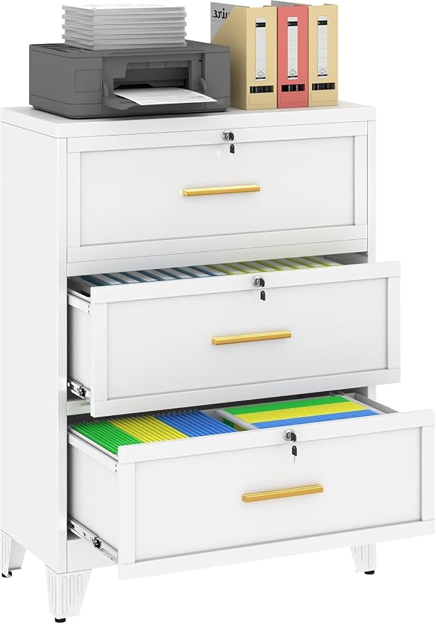 3 Drawer Metal File Cabinet with Lock,Lateral Filing Storage Cabinets,Steel Wide File Organization for Legal/Letter/A4/F4 Size with Hanging Files&Key,Lockable Printer Stand for Home Office, White