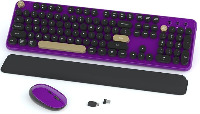 Links9+ Wireless Typewriter Keyboard and Mouse Combo (Purple-Black) | Full-Size Retro Round Keycaps, Clicky Typing, Ergonomic Design, Smart Auto-Sleep, Perfect for Office, Home and School